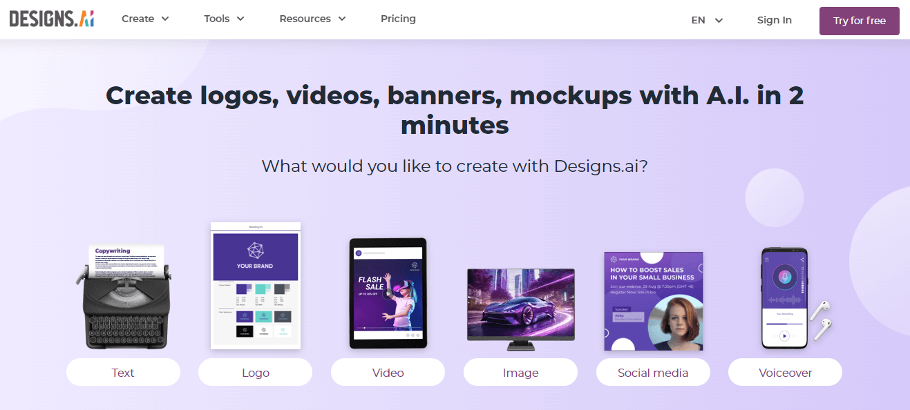 Designs.ai zum Erstellen von Logos, Videos und Bannern